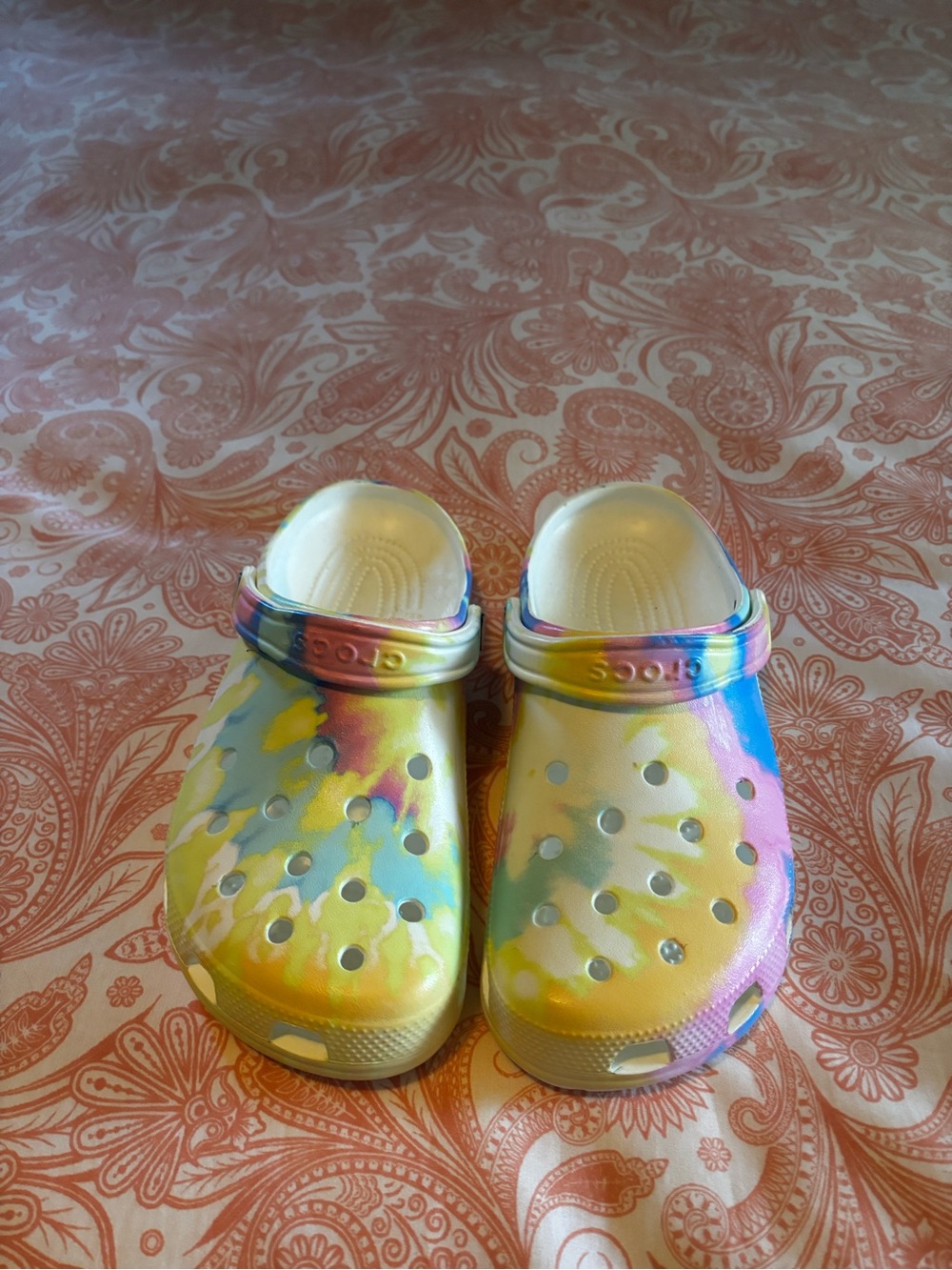 CROCS Tie-Dye Comfort Clogs in Yellow, Blue & Pink
